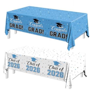 Imagem de 2025 Decorações de graduação, toalha de mesa Congrats Grad 2 peças branco azul-petróleo Class of 2025 capas de mesa retangular para suprimentos de festa de formatura, 274 x 137 cm (azul celeste)