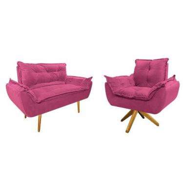 Imagem de Kit Namoradeira e Poltrona Opala Base Giratória de Madeira Sintético -