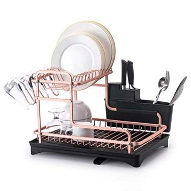 Imagem de Escorredor de louça de alumínio, escorredor de pratos de 2 camadas, escorredor compacto de 40 x 30 cm com bico giratório ajustável, talheres removíveis