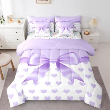Imagem de Feelyou Jogo de cama de 7 peças com laço roxo, fofo, coração, amor, para crianças, meninos, meninas, estilo princesa, roxo, branco, macio, leve