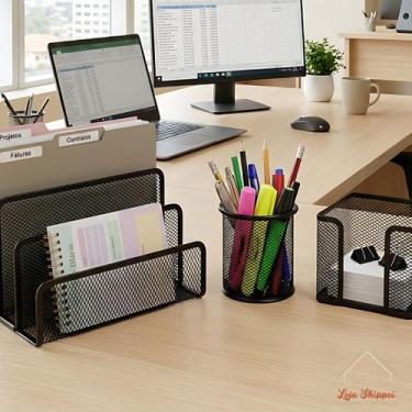 Imagem de Organizador Metal Aramado Preto Escrivaninha Porta Canetas Papéis Livr