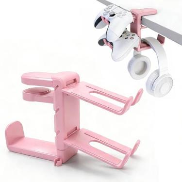 Imagem de Suporte 3 em 1 para fone de ouvido para jogos com suporte de controle de fixação, suporte giratório para fone de ouvido sob a mesa, suporte ajustável para fone de ouvido em PC com organizador de cabos