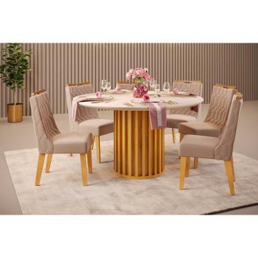 Imagem de Conjunto: Mesa Sala Jantar Viena c/ Tampo Madeirado c/ Vidro 136x136cm e 6 Cadeiras Bia Cedro/Off White - Suede Kraft - DJ Móveis