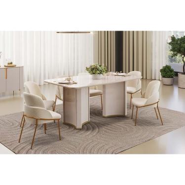Imagem de Conjunto: Mesa Sala Jantar Liz c/ Tampo Madeirado c/ Vidro Curvo 180x100cm e 6 Cadeiras Vitta Off White - Boucle Perola - DJ Móveis