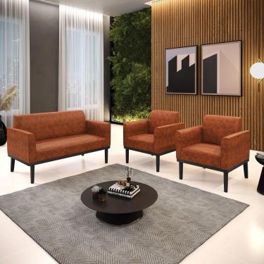 Imagem de Conjunto 2 Poltronas E 1 Namoradeira Decorativa Pés Fixo Em Madeira Preto Pu Nozes