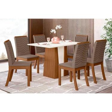 Imagem de Conjunto Mesa De Cozinha Orus Tampo Madeirado 120x80cm E 6 Cadeiras Isa Nature Off White Suede Marrom Henn