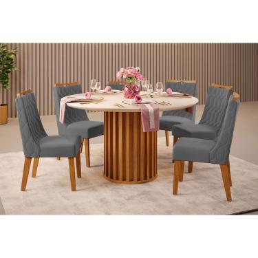 Imagem de Conjunto: Mesa Sala Jantar Viena c/ Tampo Madeirado c/ Vidro 136x136cm e 6 Cadeiras Bia Freijo/Off White - Suede Lunar DJ Móveis