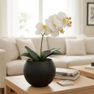 Imagem de Orquídea Branca Artificial Arranjo no Vaso Preto Flores Permanentes - 