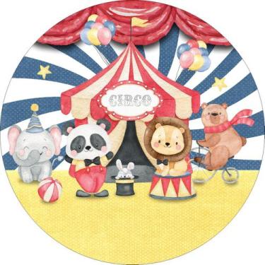 Imagem de Painel de Lona Redondo Circo Aquarela Animais Tenda Fundo Azul - Fabri