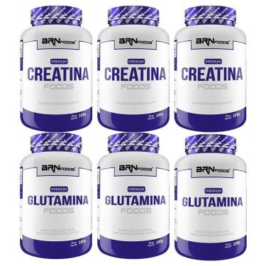 Imagem de KIT 3x PREMIUM Creatina 100g + 3x PREMIUM Glutamina 100g - BRN Foods-Unissex