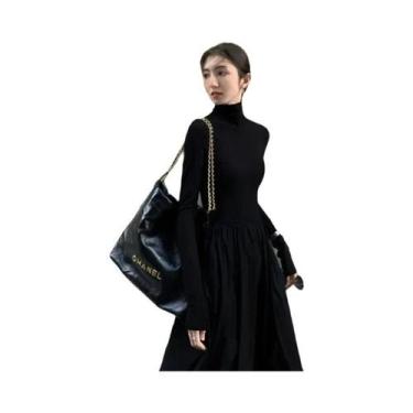Imagem de Vestido Feminino Preto E Cinza Com Gola Alta, Estilo Francês, Elegante