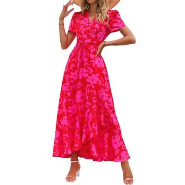 Imagem de Vestido Longo Envelope Floral PRETTYGARDEN com Decote V e Manga Curta 