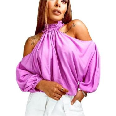 Imagem de Blusa Bata Feminina Cropped Manga Bufante Gola Alta Babado - GIOVANAMO