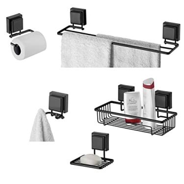 Imagem de Kit Banheiro 5 Peças Toalheiro Gancho Porta Shampoo Saboneteira Suporte Papel Higiênico Ventosa Preto Fosco - Future