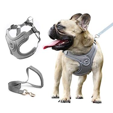 Imagem de Foern Arreio para cães com alça, arnês e coleira para cães sem puxar, tira refletiva ajustável colete para cães pequenos e médios, cinza, P