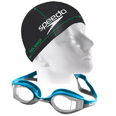 Imagem de Kit Natação Speedo Óculos Focus + Touca Big Silicone Cabelos Volumosos (Azul/Prata)