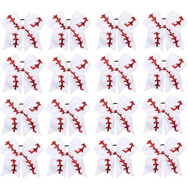 Imagem de 16 peças de 20,32 cm grandes laços de cabelo de torcida suporte de rabo de cavalo faixa elástica feita à mão para meninas adolescentes esportes universitários (beisebol branco, 16 unidades (pacote com