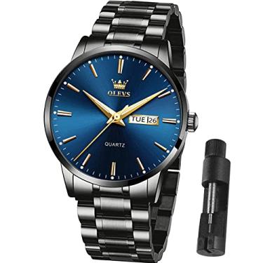 Imagem de Relógio masculino OLEVS Day and Date com relógio de pulso masculino à prova d'água e analógico, relógio de quartzo de aço inoxidável, clássico, relógio de pulso romano, Men Watch-Black Steel Band