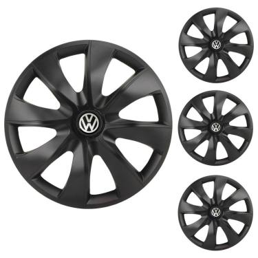 Imagem de Jogo Calota Aro 14 Prime Fosc Black Elitte Preto Fosco + Emblema Resinado Volkswagen (Gol Parati Saveiro Voyage UP Santana Fox Polo Passat)