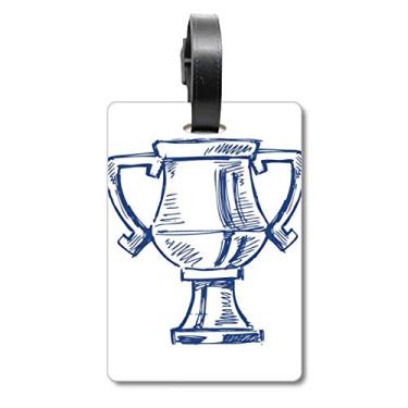 Imagem de Bolsa de mala azul troféu de campeonato de futebol com etiqueta de bagagem, etiqueta para pendurar