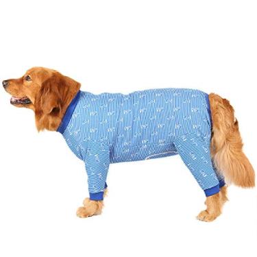 Imagem de IUOU Pijama para cães grandes algodão azul verde e vermelho listrado camiseta para cachorro 4 pernas design cobertura total proteção adequada para