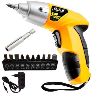 Imagem de Parafusadeira Bateria 4,8V 3Nm Reversível Kit 12 Peças EVS001 EVALD