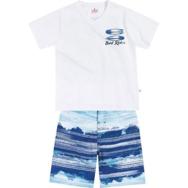 Imagem de Conjunto Infantil Brandili Camiseta e Bermuda - Em Meia Malha e Microfibra - Branco e Azul