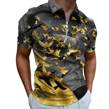 Imagem de Pulôver Top masculino Muscle Turn Down Collar Shirts Slim Fit Manga Curta Floral Impressão 3D Camisetas Masculinas, Cinza, P