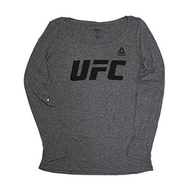Imagem de Reebok Camiseta feminina de manga comprida com logotipo gráfico UFC oficial, Camiseta de manga comprida com logotipo Ufc Essentials e gola redonda, Cinza mesclado/preto, Large