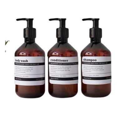 Imagem de Kit Frascos Ambar Shampoo Condicionador E Sabonete Rótulo Em Ingles Body Wash Shampoo Conditioner