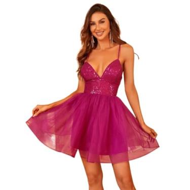 Imagem de Camisa Feminina Solid Contrast Sequin Mesh Overlay Cami Dress (Color : Red Violet, Size : XL)