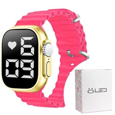 Imagem de Relógio silicone feminino digital aço inox ultra led + caixa dourado maria qualidade premium rosa