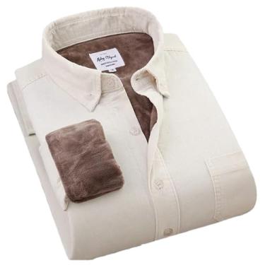 Imagem de Camisa masculina de veludo cotelê grosso de algodão quente, manga comprida, gola de botão, outono e inverno para homens, Branco cremoso., 3G