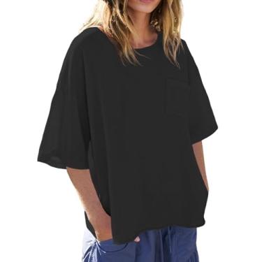 Imagem de Tankaneo Camisetas femininas grandes de manga curta, ombro caído, gola redonda, camisetas básicas de verão, Preto, P