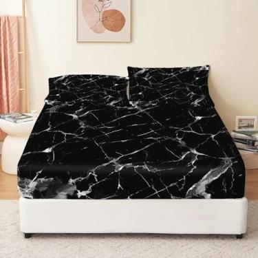 Imagem de Eojctoy Jogo de lençol Queen com tema de mármore preto ultramacio 100% microfibra - 40,6 cm com bolso profundo respirável e confortável - 4 peças de lençol