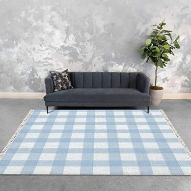 Imagem de DGAIER Boho Tapete azul bebê xadrez xadrez búfalo sem costura superfície xadrez tapete tecido com borlas tapete de pátio tapete minimalista decoração de casa ao ar livre sala de estar quarto sala de