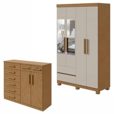 Imagem de Conjunto de Guarda-roupa 4 Portas 2 Gavetas Zeus com Espelho e com Pése Cômoda Toronto Amêndoa Clean/off White