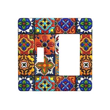 Imagem de Talavera mexicano padrão de cerâmica 2 gangues única alternador/interruptor de luz combinação de balancim capa decorativa placa de parede placa elétrica para decoração de arte de casa 11,4 cm x 4,5