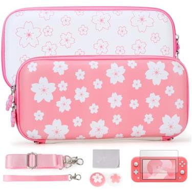 Imagem de Tscope Estojo de transporte bonito para Nintendo Switch Lite, rosa Sakura portátil capa rígida para meninas, bolsa de armazenamento de viagem, com protetor de tela de vidro e tampas de aperto de polegar (rosa claro)