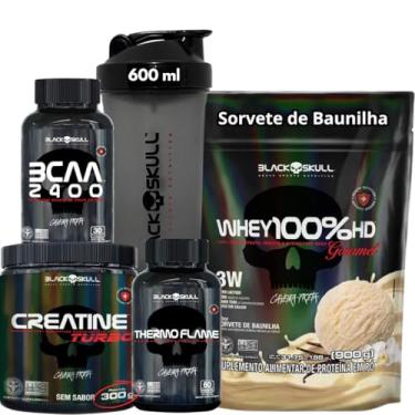 Imagem de Kit Suplemento Whey Protein 100% HD REFIL Gourmet + Creatina Monohidratada Turbo 300g + Termogênico Thermo Flame + Bcaa 2400 + Coqueteleira Shaker (900g, Whey Sorvete de Baunilha)