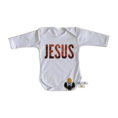 Imagem de body nenê criança roupa bebê manga longa Jesus madeira - Empório Dutra