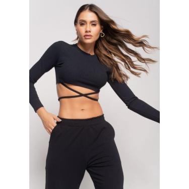 Imagem de Cropped Gola Redonda Manga Longa Com Tiras Malha Canelada Preto Salvat