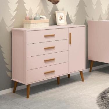 Imagem de Cômoda Sapateira Infantil 4 Gavetas 1 Porta Isis Móveis Reller Rosa