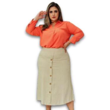 Imagem de Saia Midi Linho Tebas Forrado c/ 5 Botões Plus Size - Amoplus, Areia, 