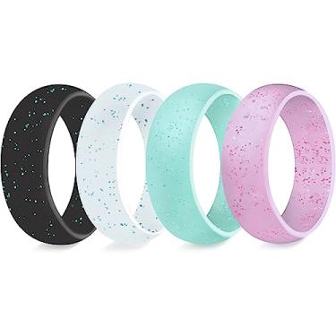 Imagem de Anel de noivado de silicone com glitter, para mulheres | Pacote com 4/7 anéis de borracha de silicone femininos em branco, marrom, preto, verde, rosa claro, branco claro, rosa escuro | Anel de casamento de silicone flexível, Metal não precioso, Sem pedra preciosa