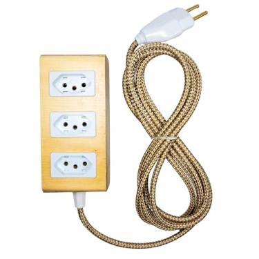Imagem de Extensão Decorativa de Madeira 3 Tomadas Branca Cabo 3 Metros Régua Elétrica (Creme e dourado)