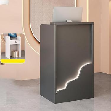 Imagem de Mesa de recepção, balcão de varejo para caixa de compras, mesa de recepção de varejo, mesa de boas-vindas moderna, com luzes e gavetas com trava, para salão, recepção, escritório, supermercado, cinza