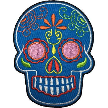 Imagem de Papapatch Tatuagem Mexicana de Caveira de Açúcar Cabeça Morta Motociclista DIY Bordado Aplique Costurado em Ferro no Patch - Azul (MEXI-02-AZUL)