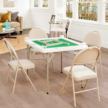 Imagem de GYMAX Mesa de Mahjong, mesa de cartas quadrada dobrável para 4 jogadores com porta-copos e bandejas de fichas, mesa de dominó de jogo de tabuleiro portátil para Mahjong, Blackjack de pôquer