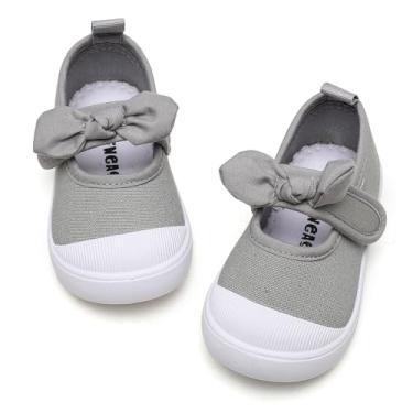 Imagem de GENGASUN Tênis infantil feminino de lona, laço Mary Jane, sapatos rasos para uniforme escolar, sapatos sociais, Cinza, 6 Toddler